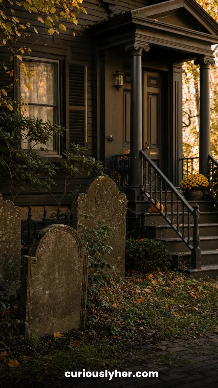 4. A Graveyard Scene With Tombstones Tucked Beside the Front Steps