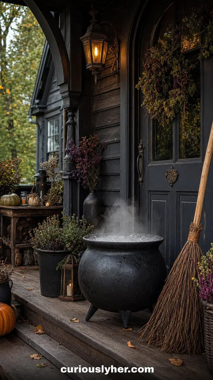 6. A Witch’s Cottage Porch With a Bubbling Cauldron and a Broom by the Door