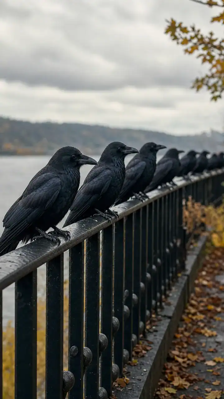 8. A Crow-Covered Railing With Black Birds Perched in a Row