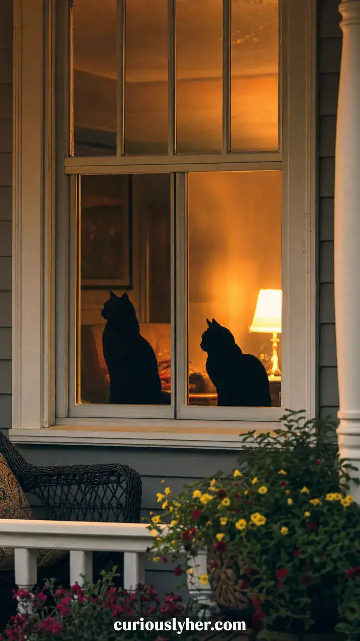 16. A Porch Window Glowing Orange With Black Cat Silhouettes
