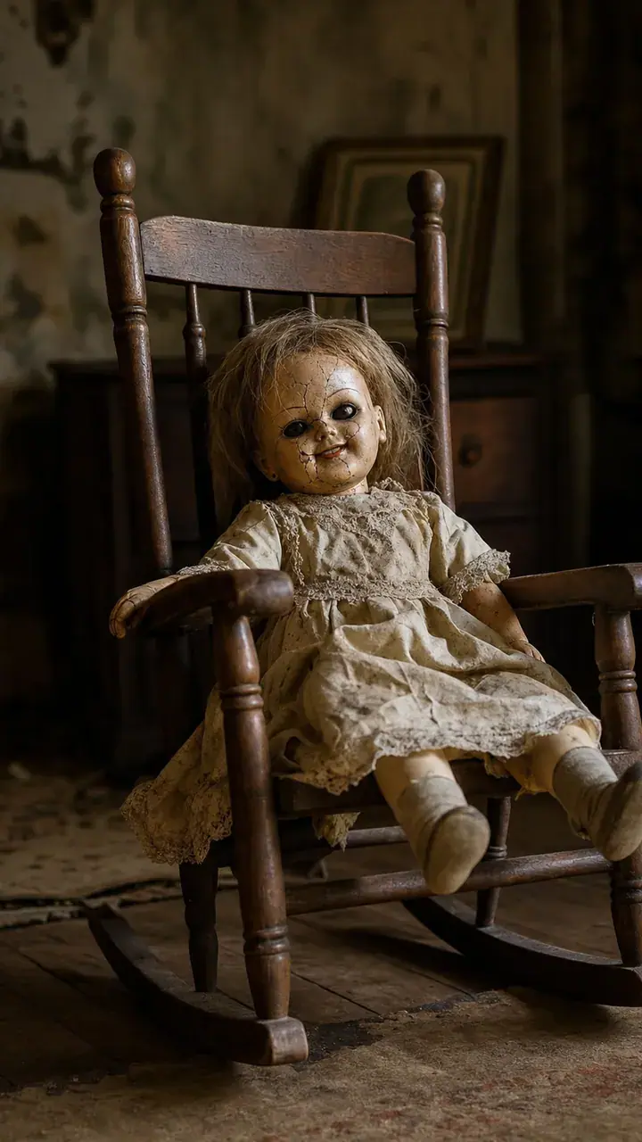 18. A Haunted Doll Sitting in a Rocking Chair With a Cracked Smile