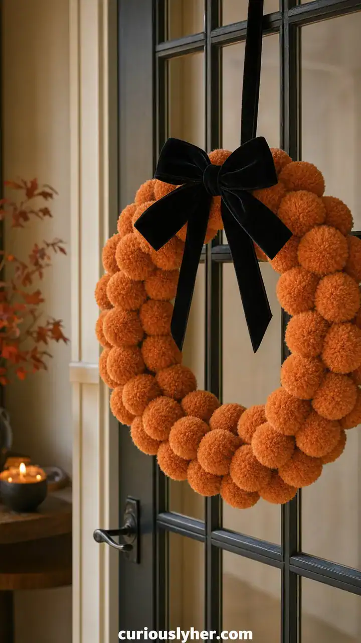 2. A Wreath of Soft Orange Pom-Poms Finished With a Black Bow