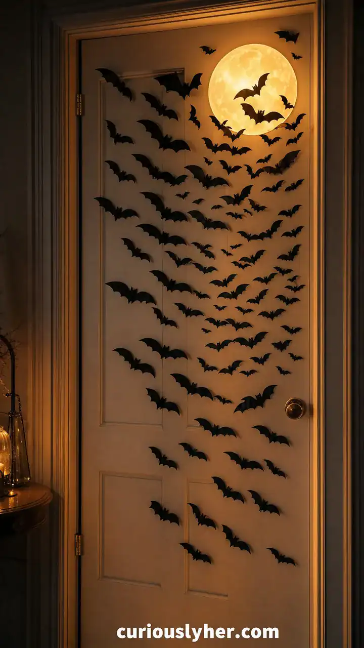3. A Door Covered in Tiny Paper Bats Swooping Toward a Glowing Moon