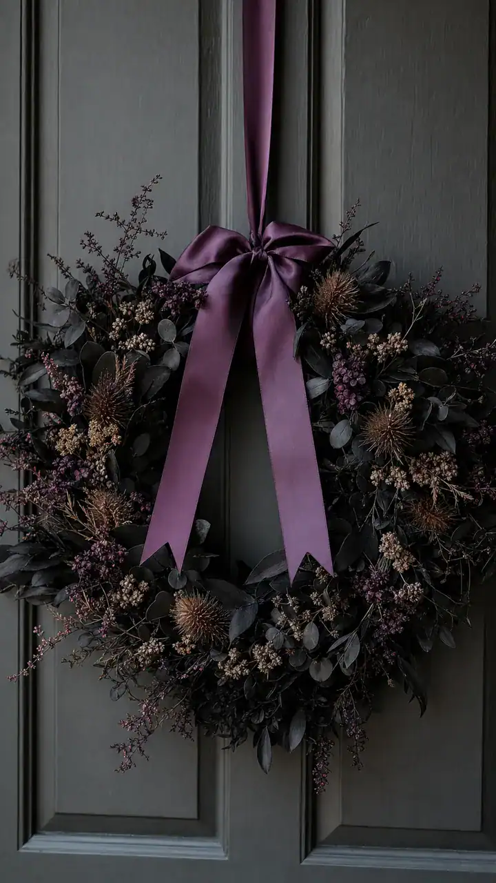 5. A Moody Black Wreath With Dried Flowers and a Purple Ribbon