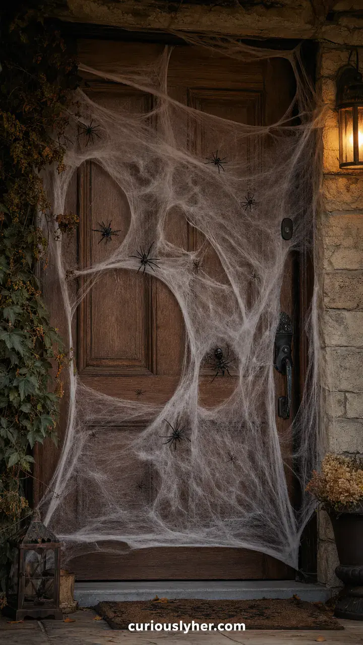 6. A Door Draped in Soft Gray Cobwebs With Tiny Plastic Spiders