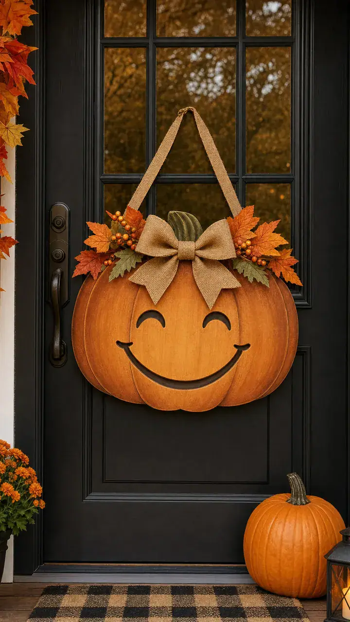 9. A Welcome Sign Shaped Like a Smiling Pumpkin on a Black Door