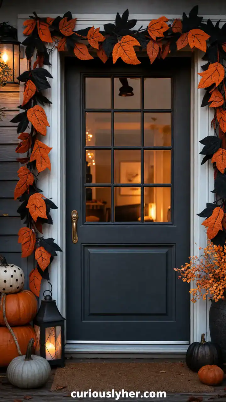 12. A Door Framed With an Orange and Black Garland of Felt Leaves