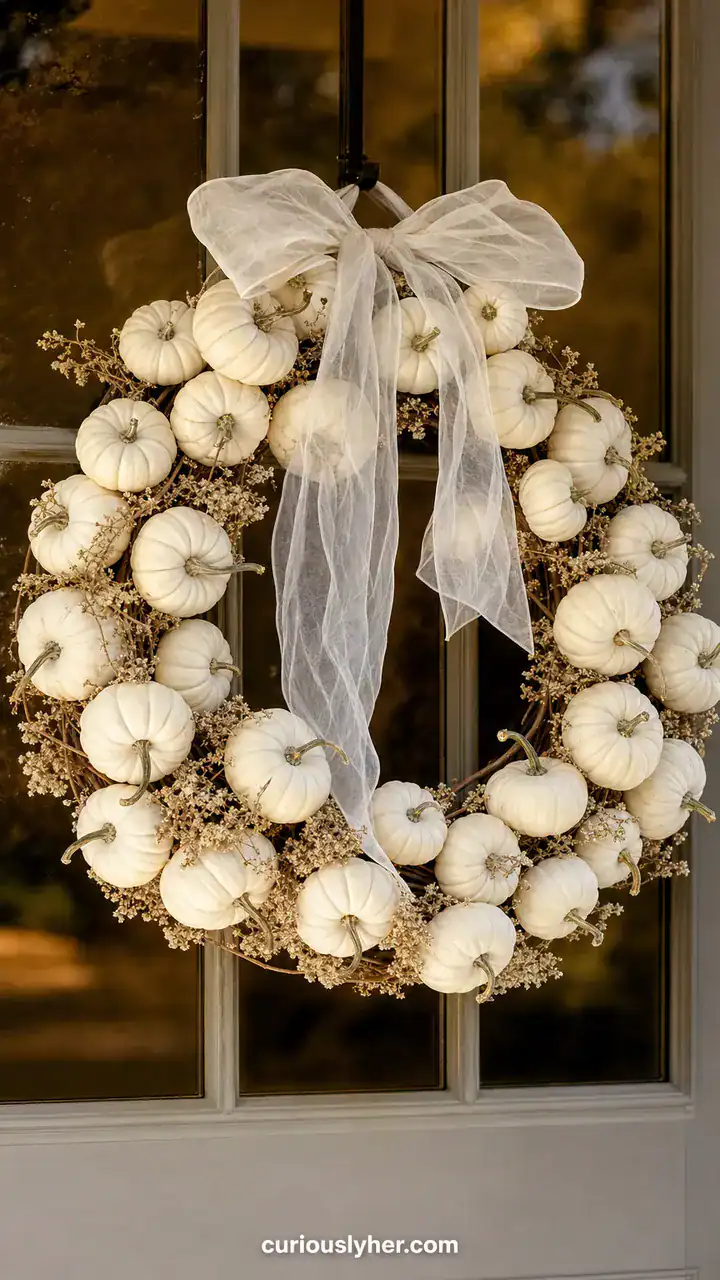 14. A Wreath of White Mini Pumpkins Tied With a Ghostly Ribbon