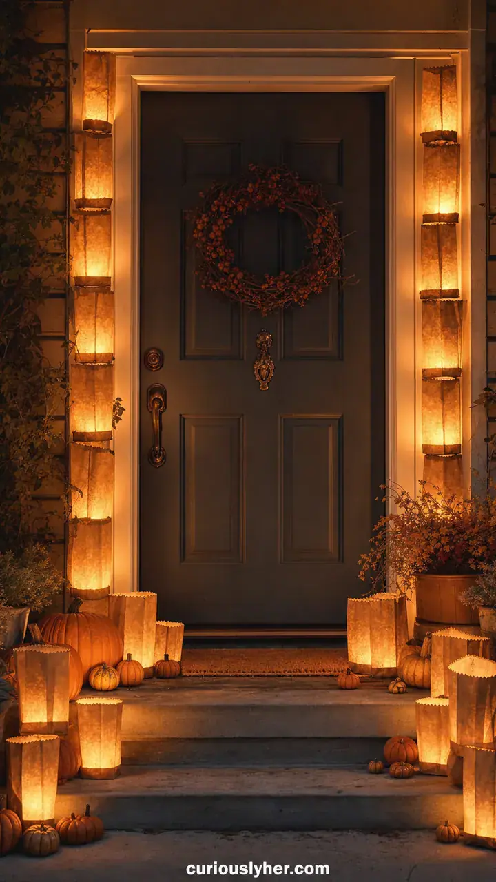 15. A Door Lined With Paper Bag Lanterns and Tiny Pumpkins on the Step