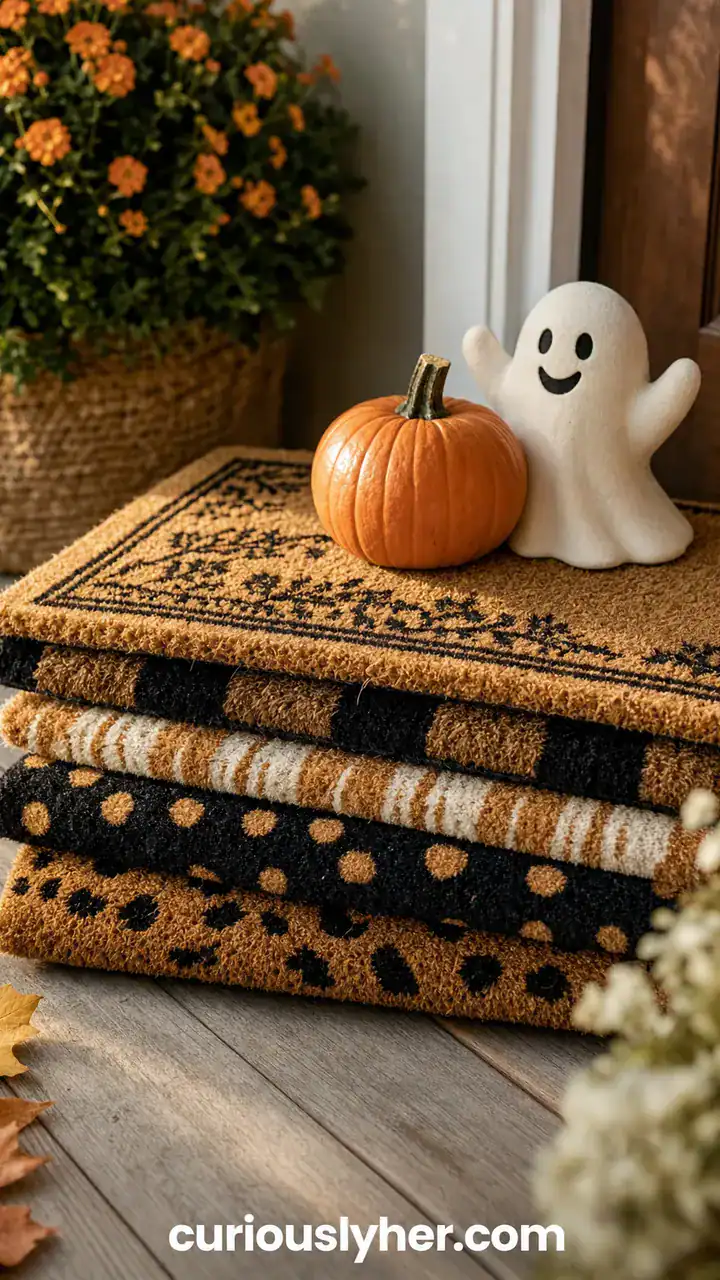 17. A Cozy Doormat Stack With a Little Pumpkin and a Cute Ghost