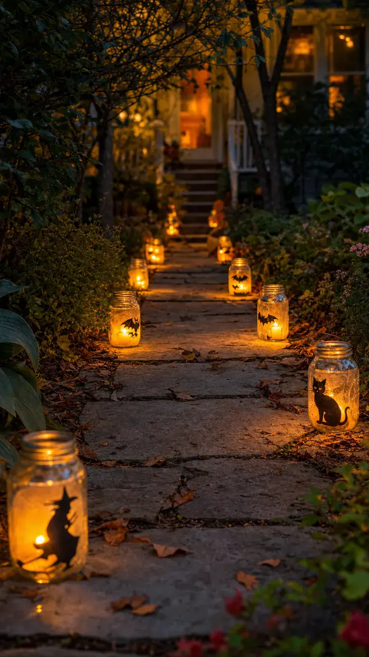 1. An Outdoor Halloween Walkway Lined With Glowing Mason Jar Lanterns