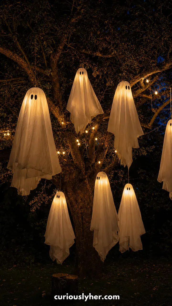 4. A Tree Full of Floating Ghosts for a Magical Outdoor Halloween Night