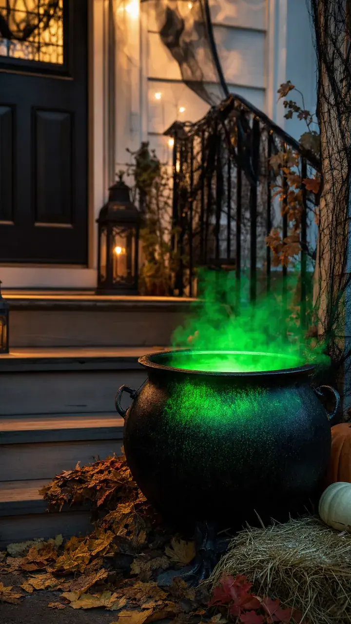 7. An Outdoor Halloween Cauldron Glowing Green Beside the Front Steps