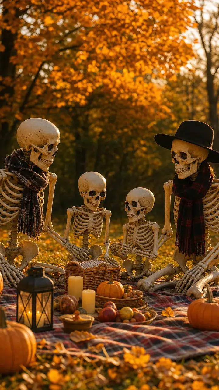 8. A Skeleton Family Having a Picnic in an Outdoor Halloween Scene