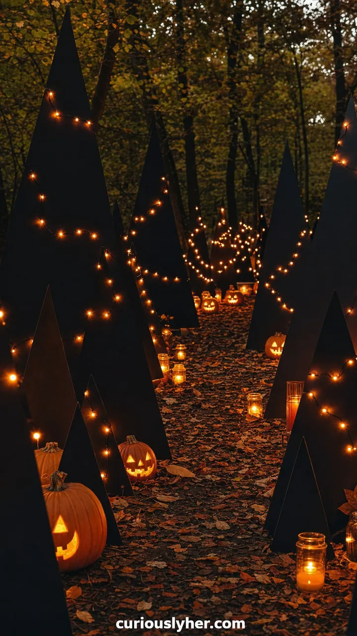11. An Outdoor Halloween Forest of Black Paper Trees and Orange Lights