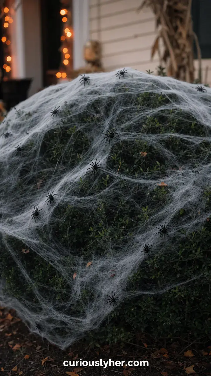 14. An Outdoor Halloween Bush Draped in Gray Cobwebs and Tiny Spiders