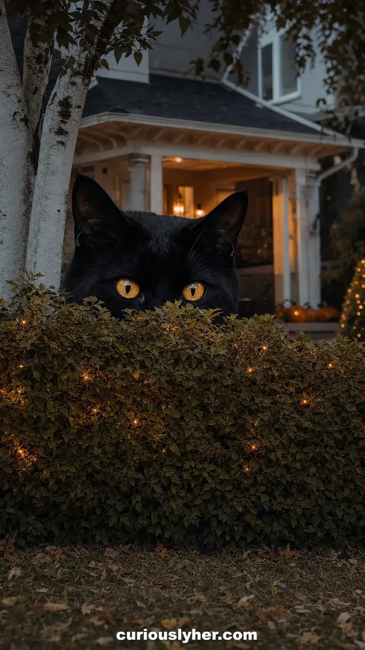 16. A Giant Black Cat Peeking Over the Hedge for Outdoor Halloween Charm