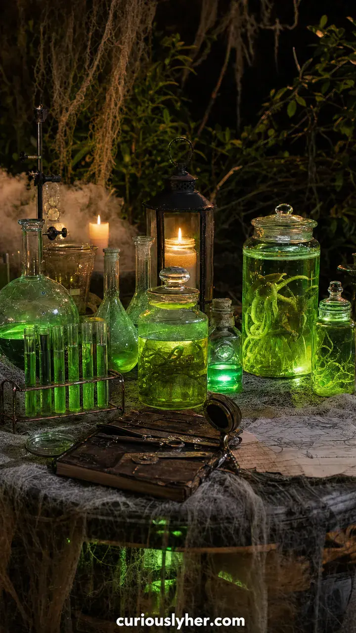 17. An Outdoor Halloween Mad Scientist Table With Glowing Green Jars