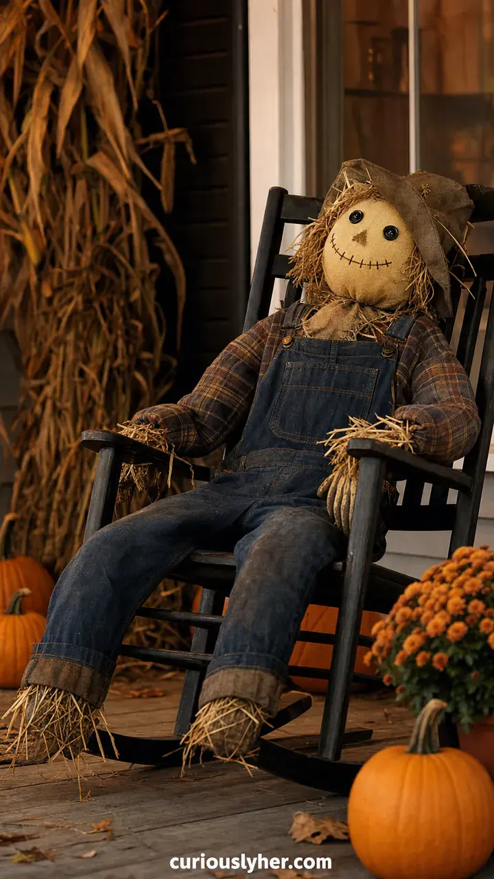 18. A Scarecrow Slouching in a Rocking Chair for Outdoor Halloween Vibes