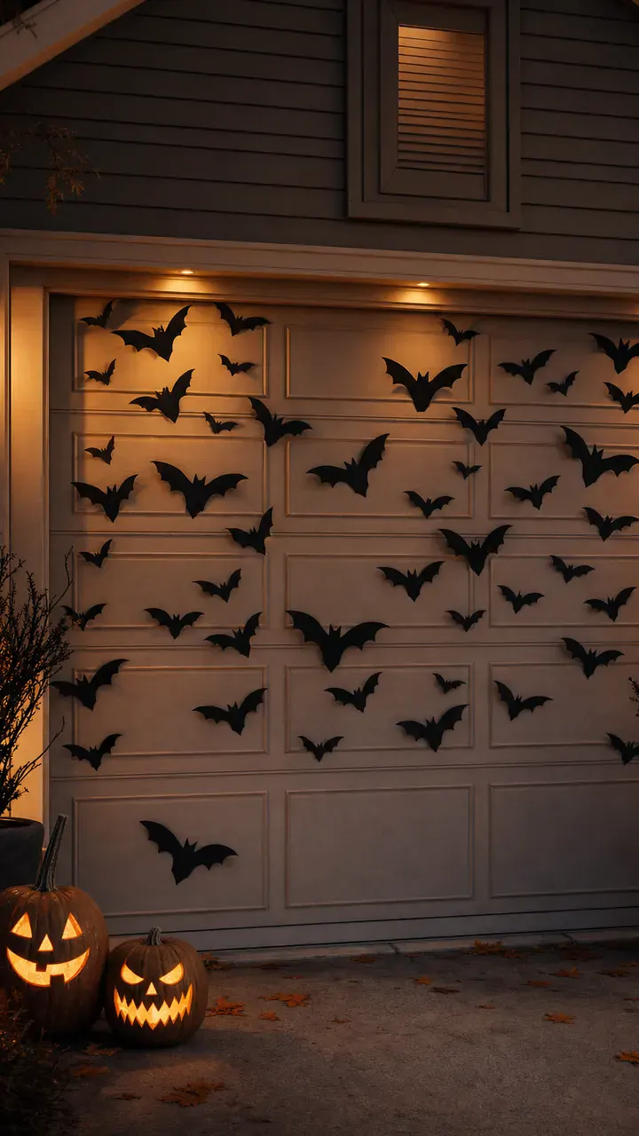19. A Garage Door Covered in Black Paper Bats for Outdoor Halloween Drama