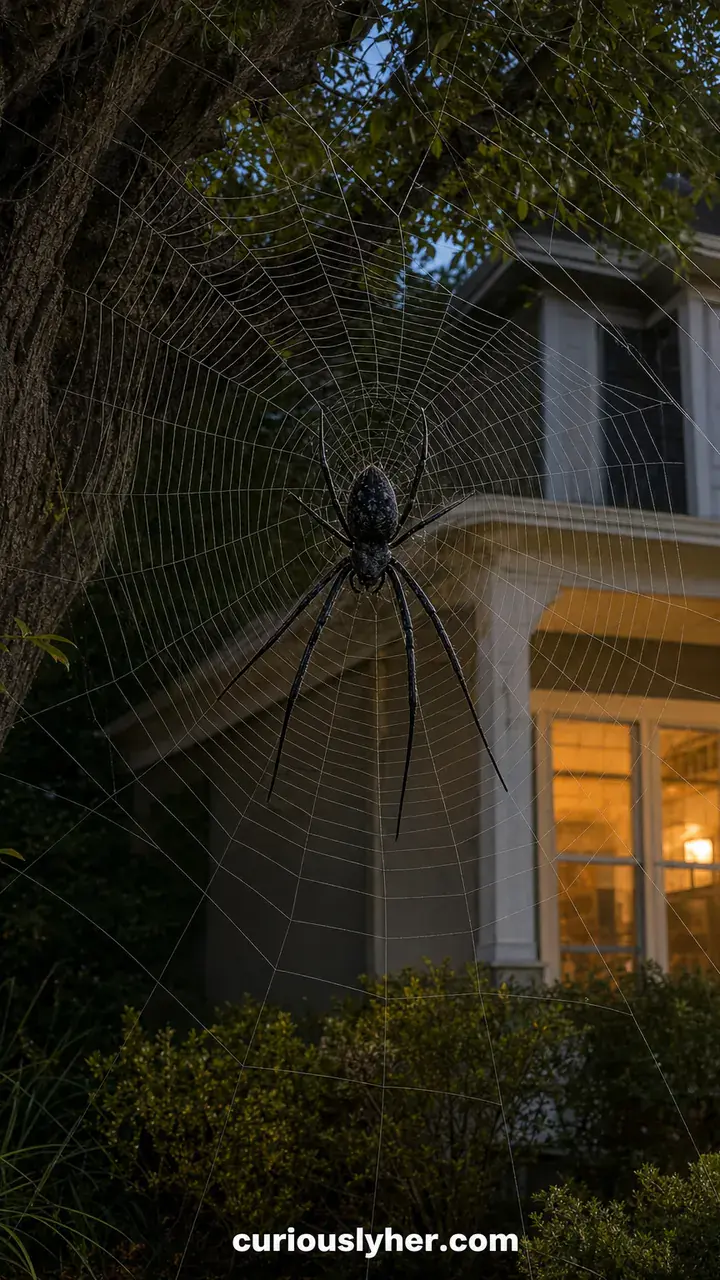 2. A Giant Black Spider Sitting in a Huge Web Across the Front Tree