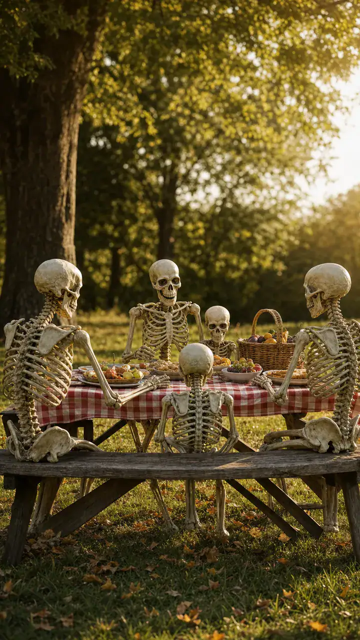 5. A Skeleton Family Gathered Around a Picnic Table on the Grass