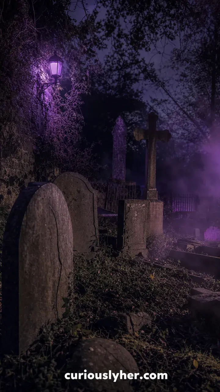 7. A Haunted Graveyard Corner With Dim Purple Lights and Creeping Fog