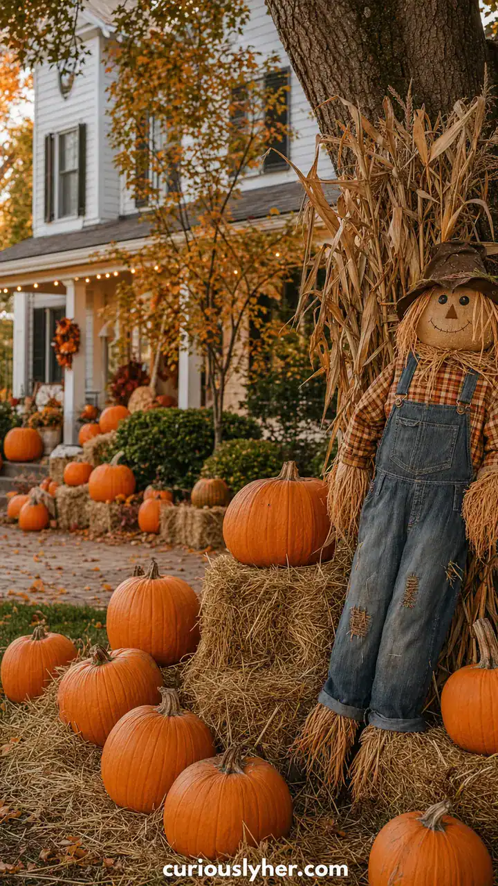 10. A Pumpkin Patch Yard With Hay Bales, Cornstalks, and a Friendly Scarecrow