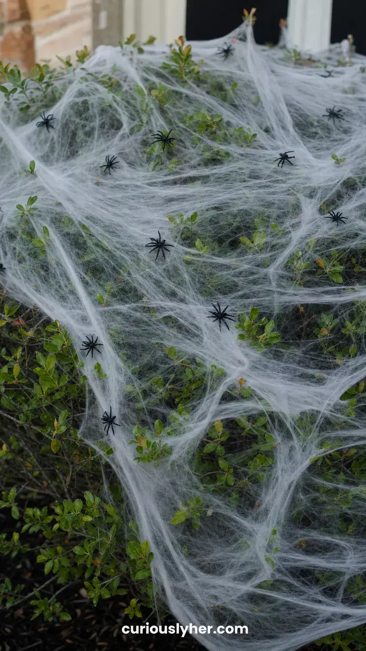 12. A Bush Wrapped in Stretchy Gray Cobwebs and Tiny Plastic Spiders