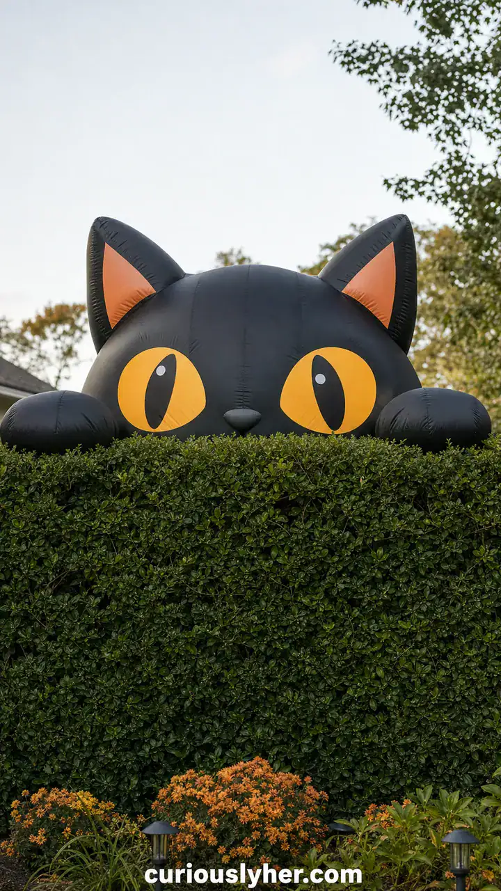 14. A Giant Inflatable Black Cat Peeking Over the Hedge