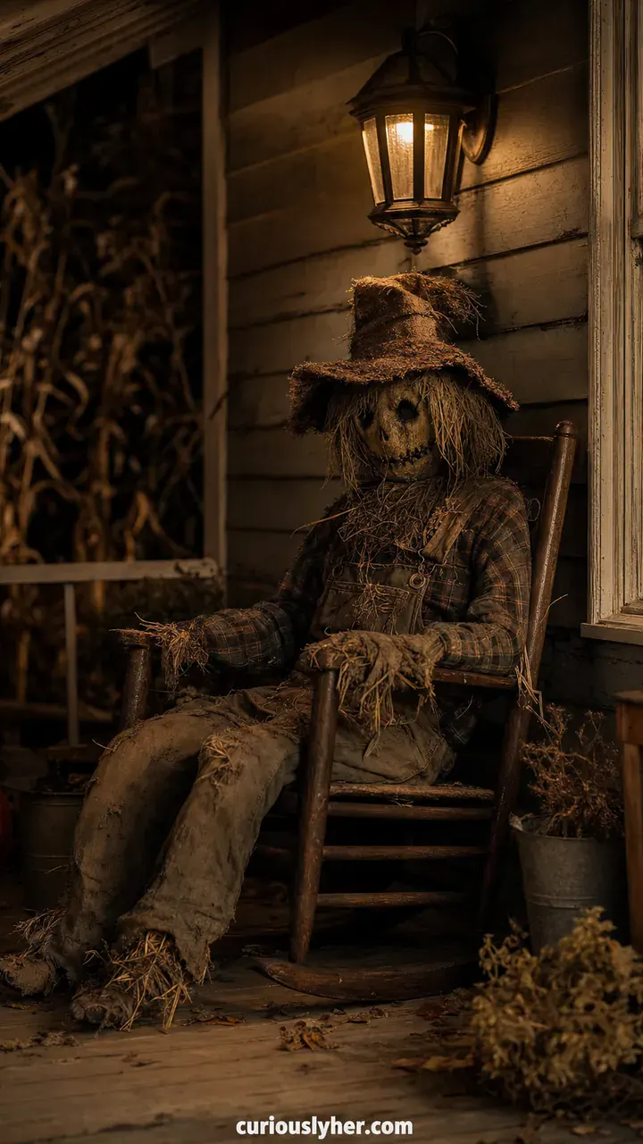17. A Haunted Scarecrow Sitting in a Rocking Chair Under the Porch Light