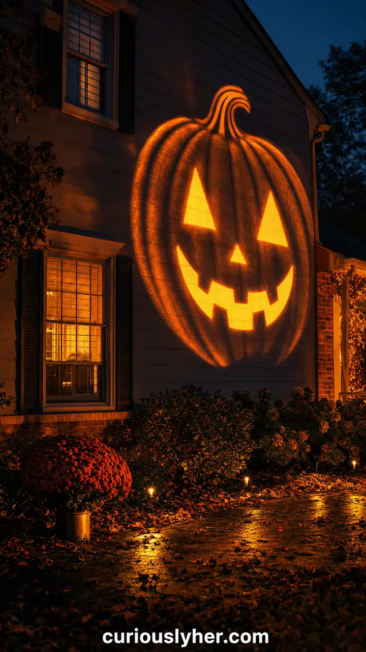 19. A Giant Pumpkin Face Lit Up on the Side of the House