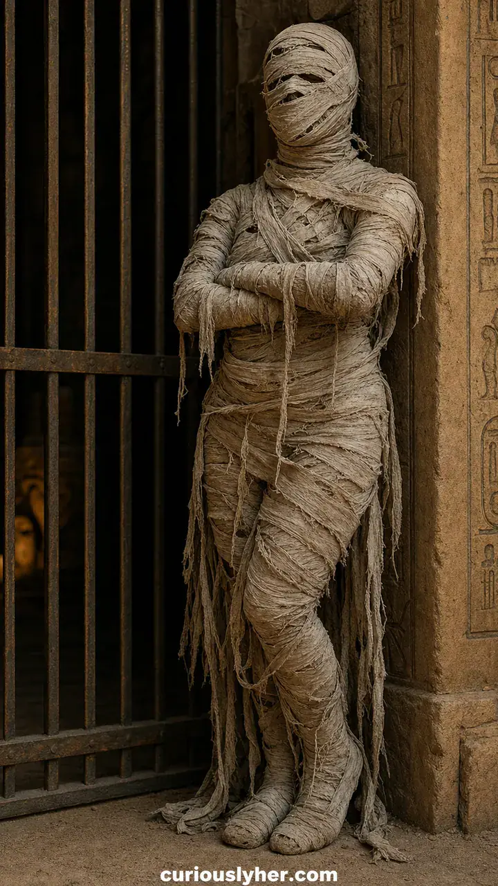 20. A Mummy Standing Guard Next to the Gate in Messy White Wraps
