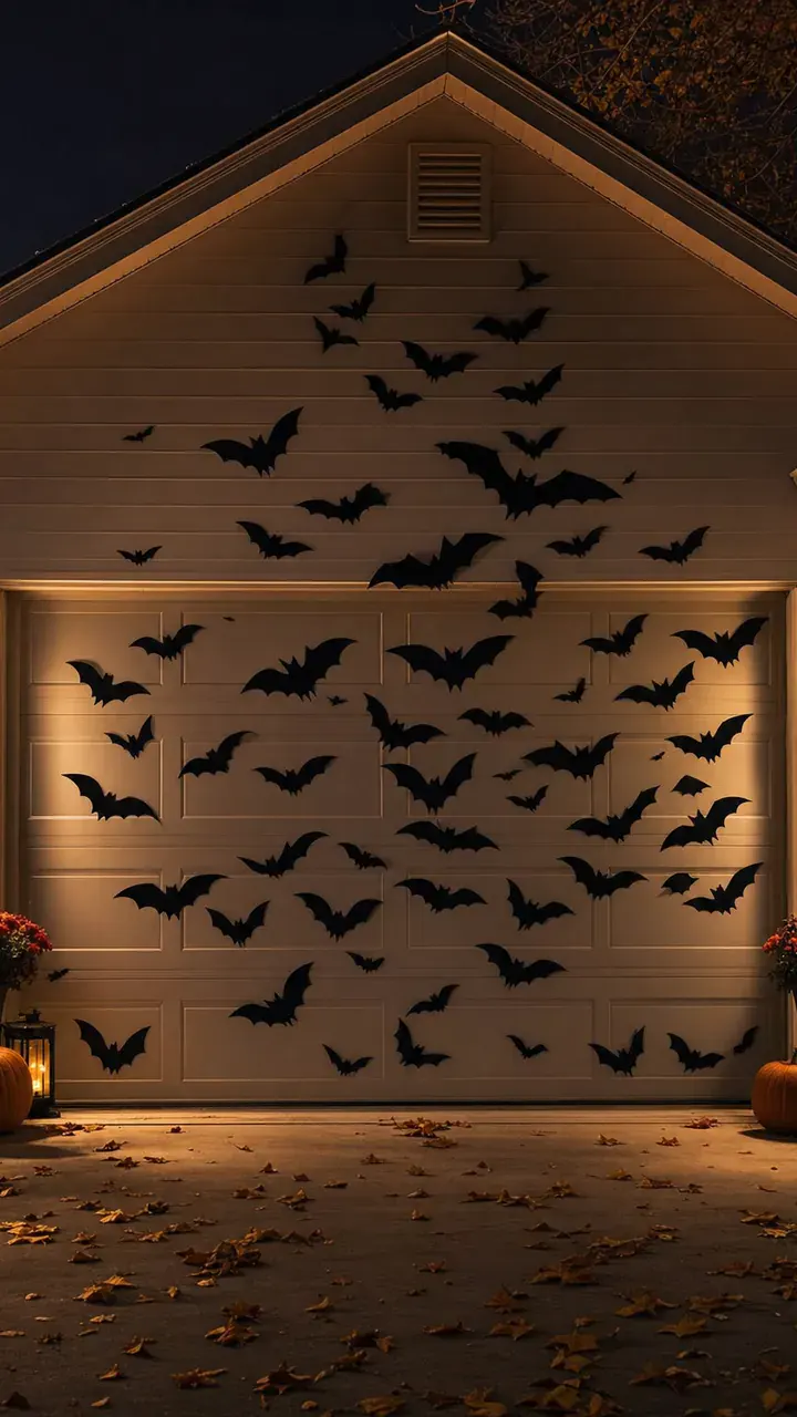 21. A Swarm of Black Paper Bats Flying Across the Garage Door