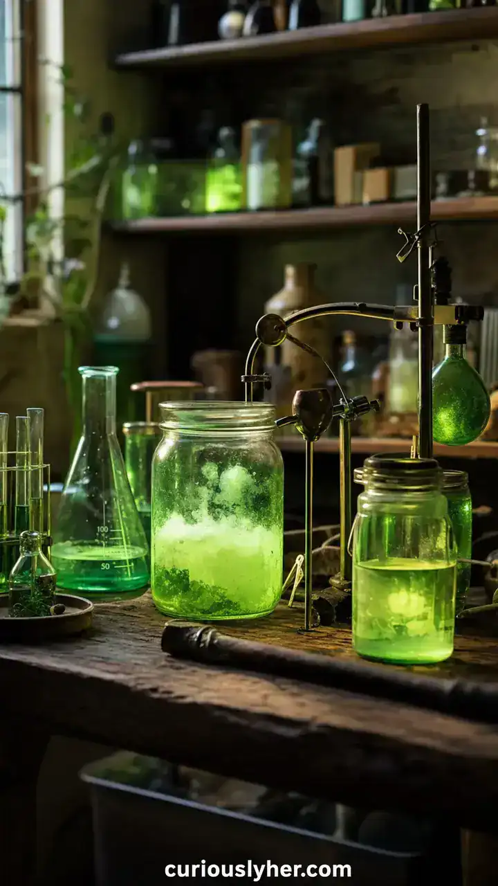 22. A Mad Scientist Lab Set Up on a Table With Glowing Green Jars