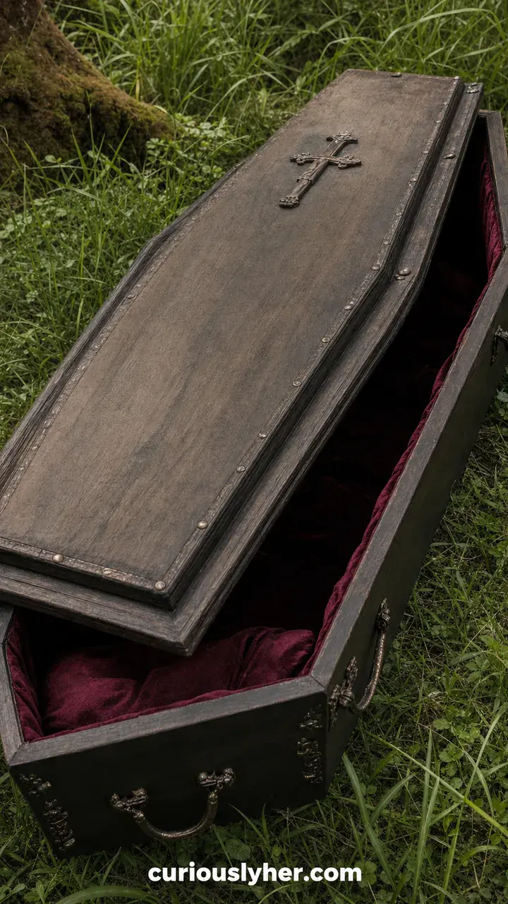 23. A Vampire Coffin Resting in the Grass With the Lid Cracked Open