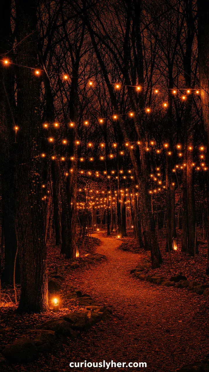 24. A Spooky Forest Look With Black Trees and Orange String Lights