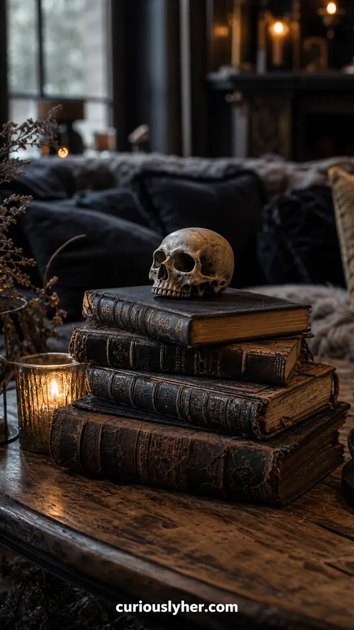 6. Old Spooky Books Stacked on the Coffee Table With a Tiny Skull
