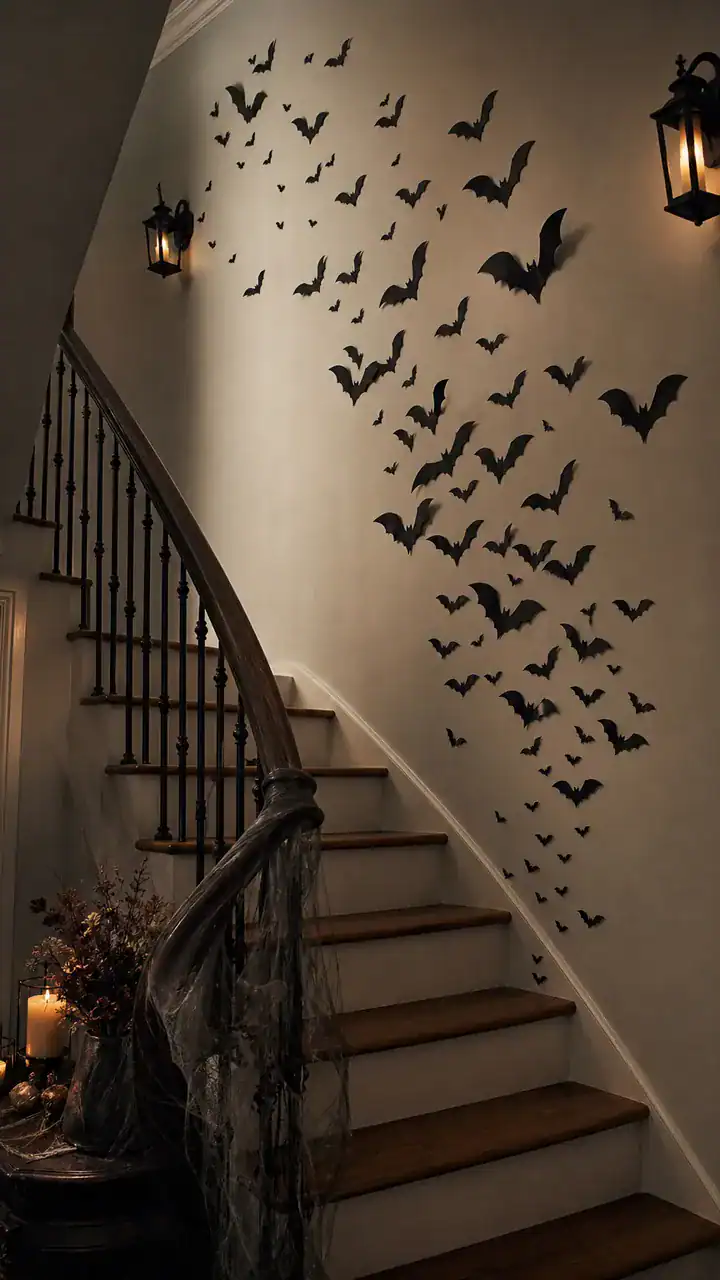 9. A Paper Bat Swarm Up the Staircase for Haunted Hallway Decor