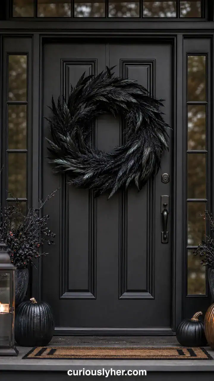 15. A Black Feather Wreath on the Front Door for Halloween Curb Appeal