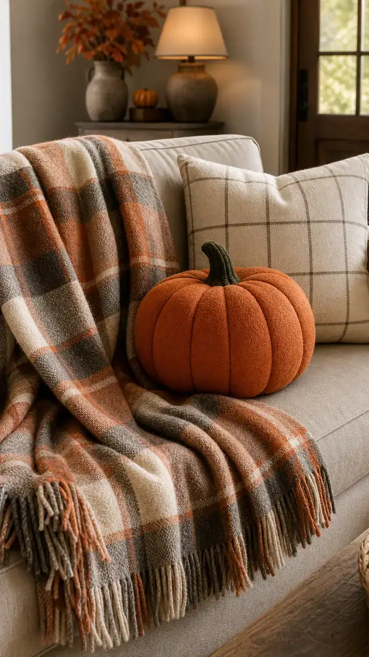 16. A Cozy Plaid Blanket and Pumpkin Pillow Couch for Fall Halloween Vibes