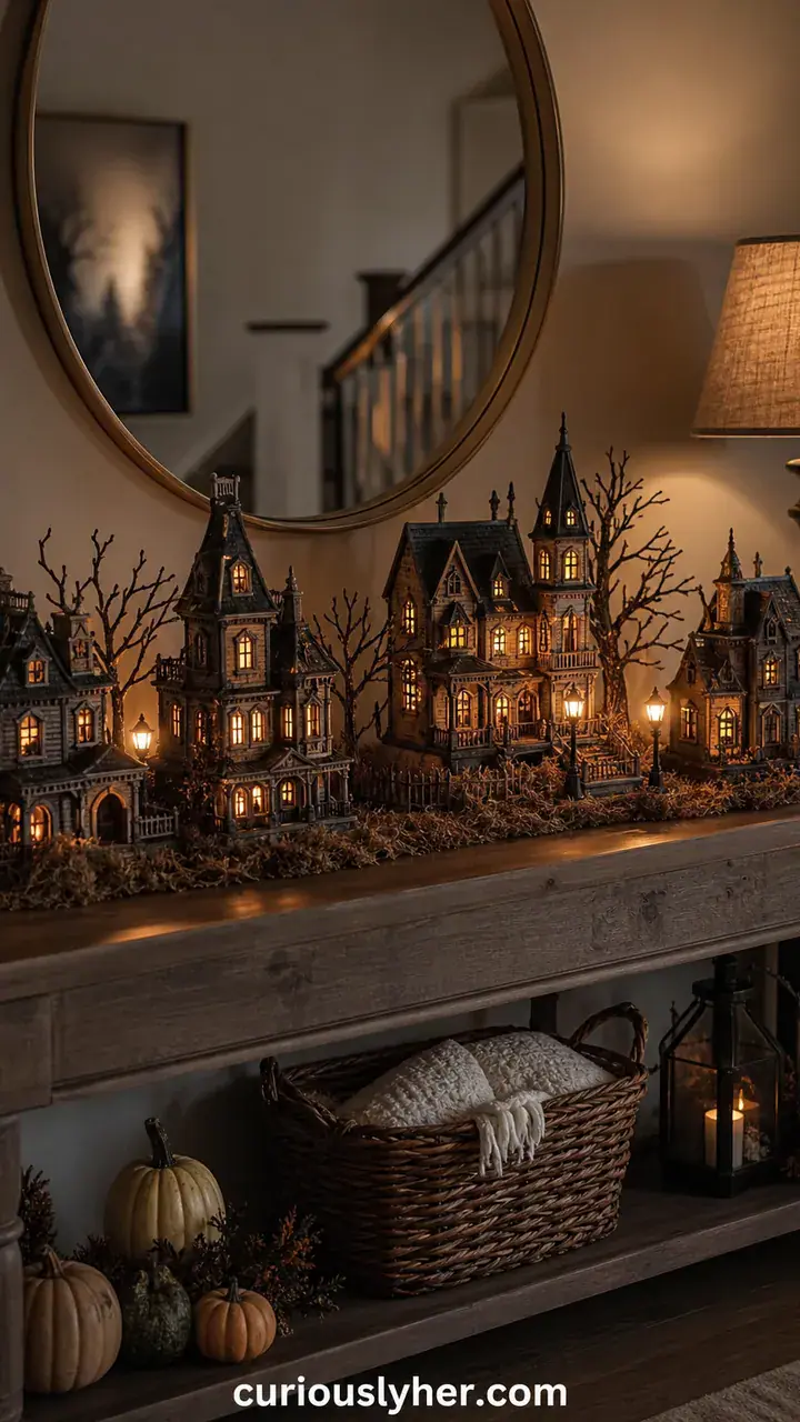 17. A Mini Haunted House Village on the Console Table for a Halloween Display