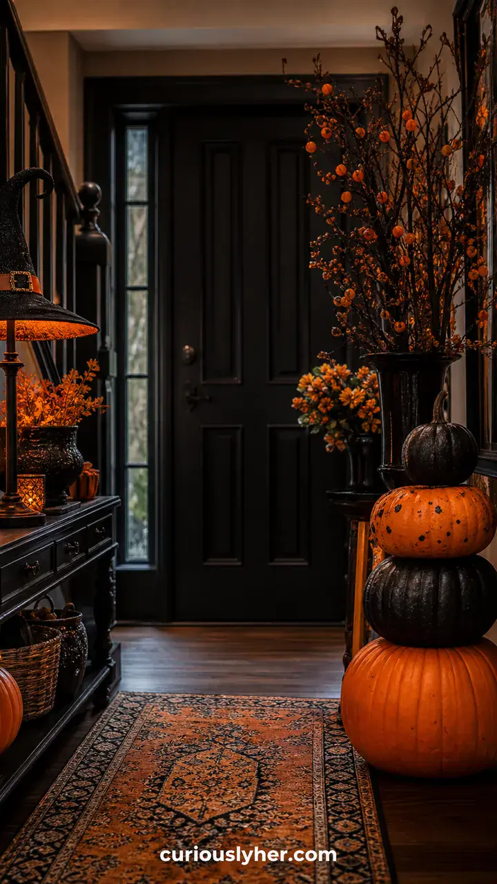 1. A Black and Orange Indoor Halloween Entryway With a Pumpkin Stack and a Witch Hat Lamp