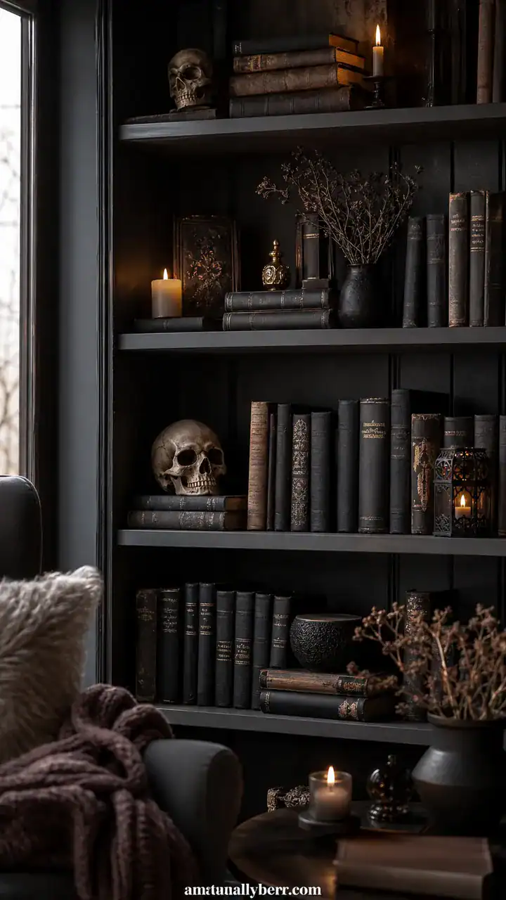 3. A Spooky Living Room Bookshelf With Tiny Skulls, Candles, and Old Black Books