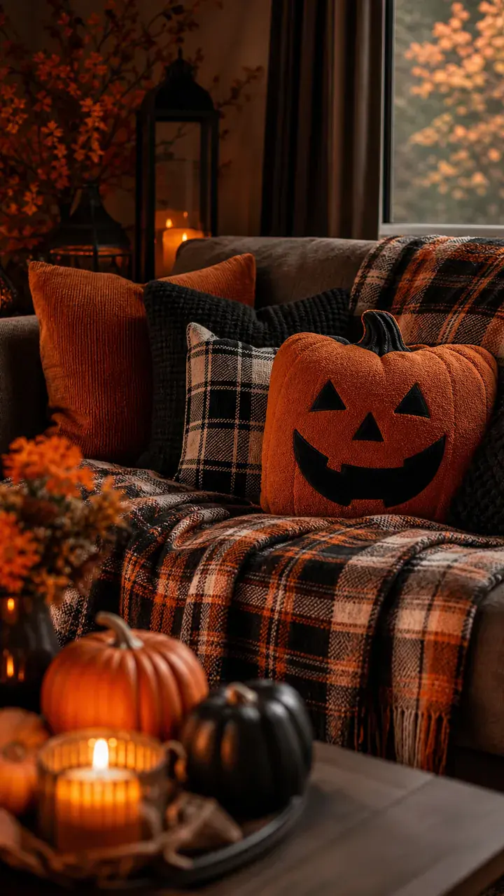 4. A Cozy Halloween Couch Corner With Plaid Blankets and Pumpkin Pillows