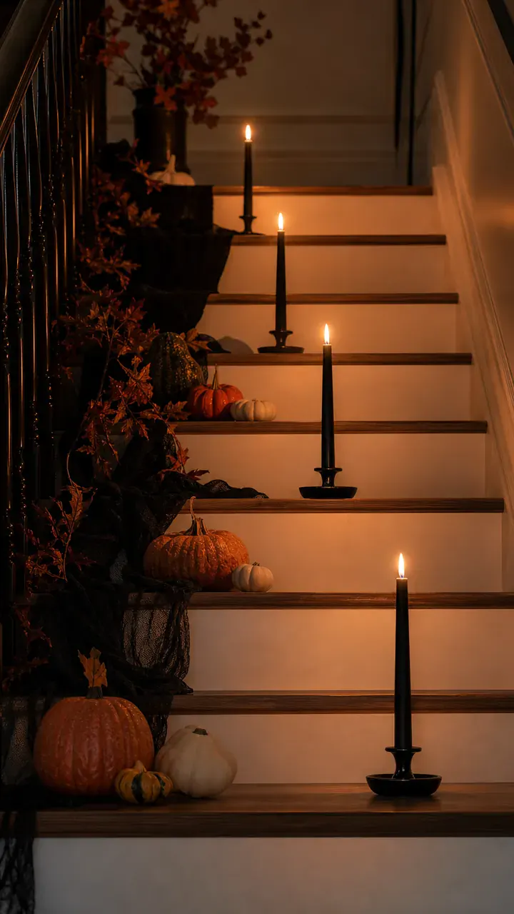 6. A Candlelit Halloween Staircase With Black Tapers on Every Other Step