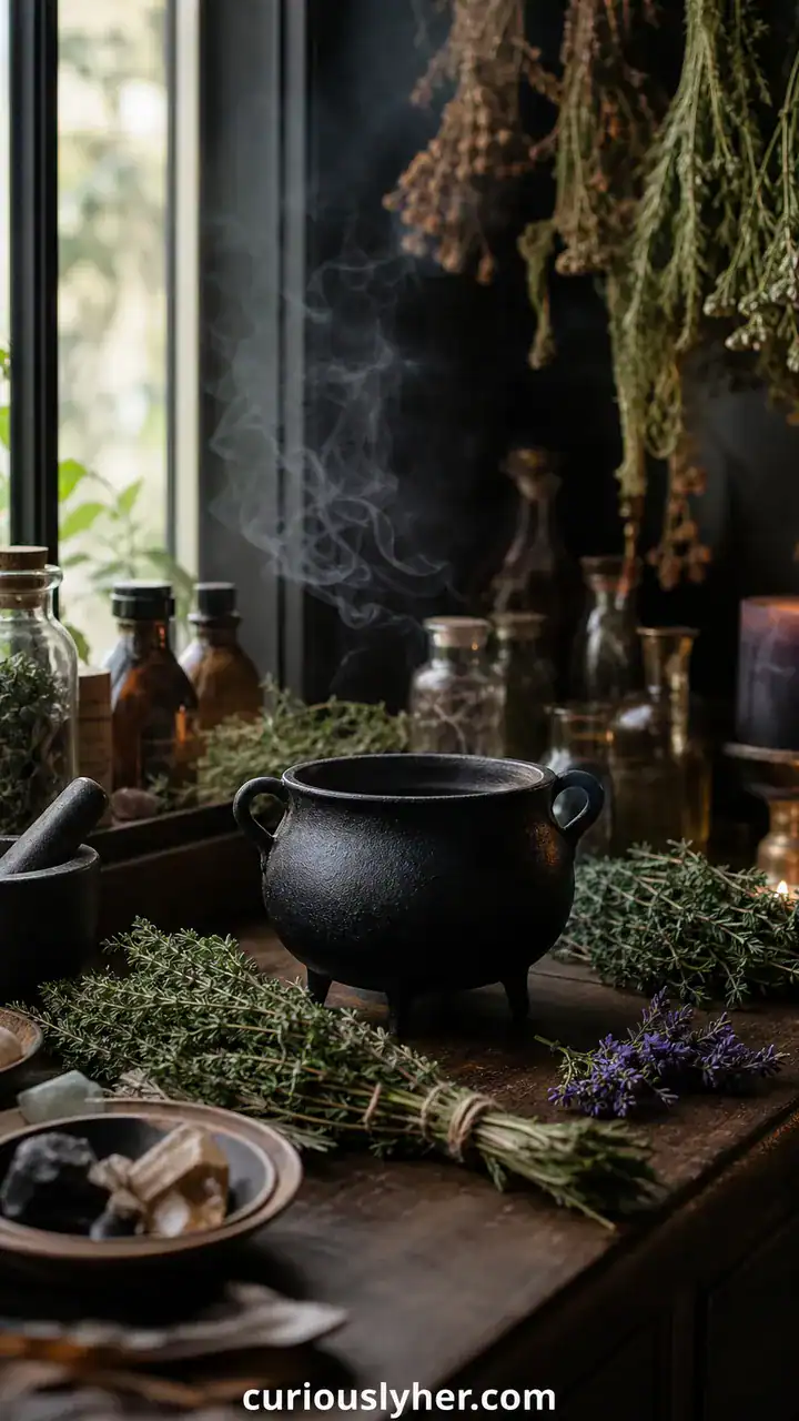 7. A Witchy Kitchen Counter With a Tiny Cauldron and Fresh Herb Bundles