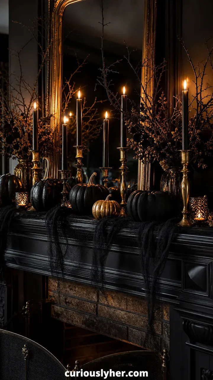 8. A Moody Black and Gold Indoor Halloween Mantel With Tall Candlesticks
