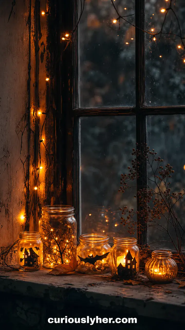 10. A Haunted Window Glow With Glass Jars and Tiny Orange Fairy Lights