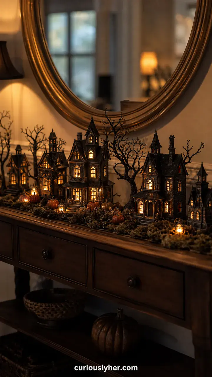 13. A Mini Haunted House Village Glowing on the Console Table